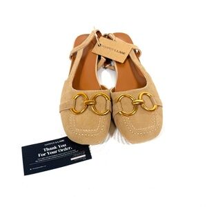 Harper & Lane Beige Suede Slingback Flats Gold Horsebit Low Heel Size 40 New